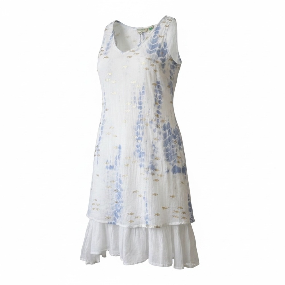 Dolma Women Blue Tie Dye Gold Fish Foil Print Sleeveless Ruffle Hem Dress NWT M